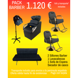 Pack Barbería 2 sillones barber, 1 lavacabezas, 1 sofá de espera, 1 secador de casco.